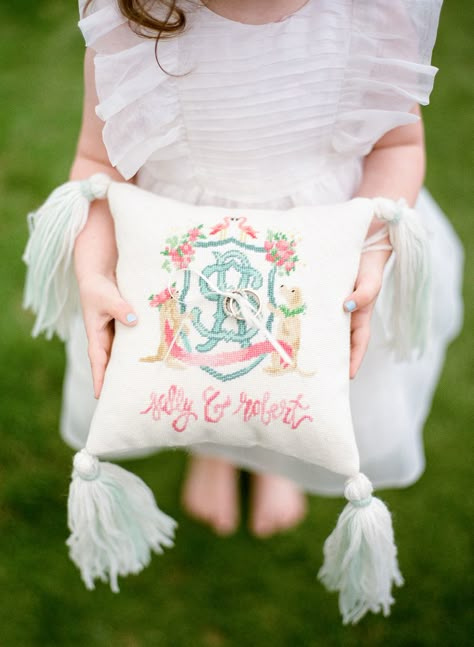 Embroidered Ring Pillow, Embroidered Ring, Dreamy Beach Wedding, Dream Wedding Aesthetic, Dreamy Beach, Wedding Crest, Church Ceremony, Wedding Monogram, Ring Pillow