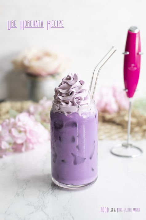 Ube Powder Smoothie, Healthy Ube Recipes, Ube Flavoring Recipes, Cocktails With Ube, Ube Horchata Recipe, Ube Cold Foam, Horchata Desserts, Ube Latte Recipe, Purple Food Ideas Snacks