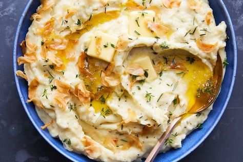 Flavored Mashed Potatoes, Veggie Balls, Garlic Mashed Potatoes Recipe, Garlic Chips, Roasted Garlic Cloves, Thanksgiving 2023, Creamy Mash, Veggie Tales, Fried Shallots