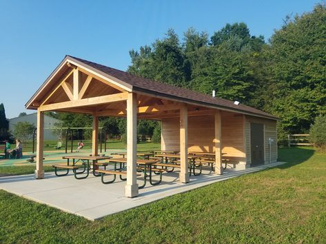 Beautiful Community Park Restroom Timber Lap Siding Pavilion With Shed, Pavilion With Bathroom, Camp Pavilion, Outdoor Restroom Ideas, Pavilion Shed, Outdoor Restroom, Restroom Ideas, Outdoor Pavillion, Picnic Shelter