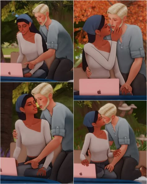 Hey everyone! Today I'm sharing this pose pack that depicts a couple looking at the computer together. This pack contains 9 poses for 2 sims.

It requires this laptop (for the last pose especially). Place laptop in the center of the bed and then raise using the [9] key - press it 6 times to be above bed. For even better placement, use the T.O.O.L mod by Twisted Mexi! Teleporters just go in the center of the bed as usual. Ts4 Proposal Poses, Sims 4 Computer Poses, Sims 4 Bed Poses Couple, Ts4 Bed Poses, Ts4 Sitting Poses, Sims Sitting Poses, Sims 4 Moving Out Poses, Sims 4 Moving Day Poses, Ts4 Couple Poses