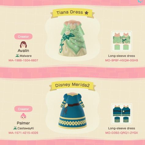 🏝 Nook’s Island on Instagram: “Some Disney princess dresses! 👸🏻⠀ Designed by: Avalin, Palmer, Poulpette⠀ Edit: New Tiana dress design code: MO-9TG4-QP27-8S6R ⠀ ⠀ ➡️Visit…” Animal Crossing Disney Outfits, Disney Animal Crossing Designs, Acnh Princess Dresses, Acnh Dress Design Codes, Acnh Clothes Design Id Princess, Disney Acnh, Cute Dress Animal Crossing, Acnh Disney Princess Dresses, Disney Codes