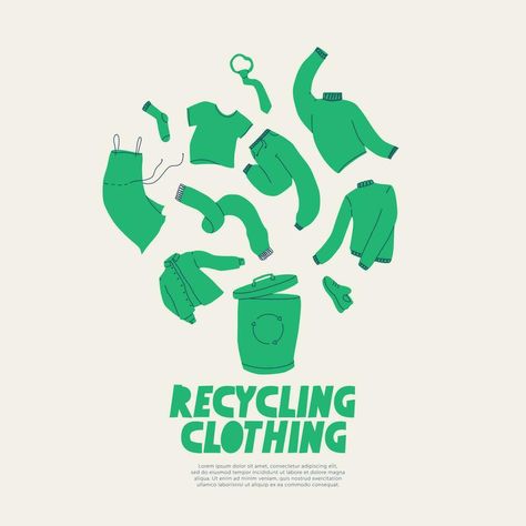 Clothing recycling. A poster calling for the recycling of clothing, footwear and textiles. Vector trend flat illustration. Vector Clothes, Mural 3d, Trending Flats, Watercolour Texture Background, Online Logo, Cityscape Photos, Recycle Clothes, Clothing Logo, Flat Illustration