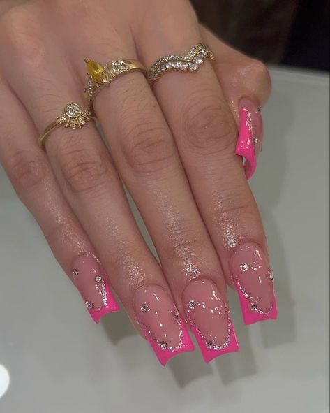 ig: nailsbyzairaa Birthday Hot Pink Nails, Bingo Nail Art, Nail Inspo Hot Pink French Tip, Hot Pink French Tip Nails With Rhinestones, Hot Pink And Silver Nail Designs, Hot Pink Nails Simple, Hot Pink Sweet 16 Nails, Pick Nails Design, Hot Pink Nails For Hoco