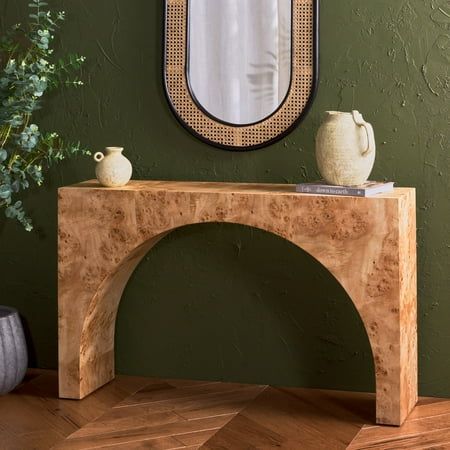 Shop Safavieh at Walmart. Save Money. Live Better. SAFAVIEH Couture Katelynn Glam Burled Mappa Veneer Console Table, Natural Bring any corner to life with the warmth and grace of our Katelynn console table. The refined and stately profile of our console is updated with rich organic textures. Its minimalist design highlights an eye-catching arch to add architectural grace to any room. The coffee table is covered in the rich textures of burled Mappa wood veneer to attain a stunning visual impact. Adding elegance and luxe warmth to your home, our console table makes a stunning statement in an entryway, living space, or bedroom. Color: Beige. Organic Textures, Vanguard Furniture, Mirrored Nightstand, Wood Console Table, Wood Console, Rich Textures, Dresser As Nightstand, Orren Ellis, Accent Furniture