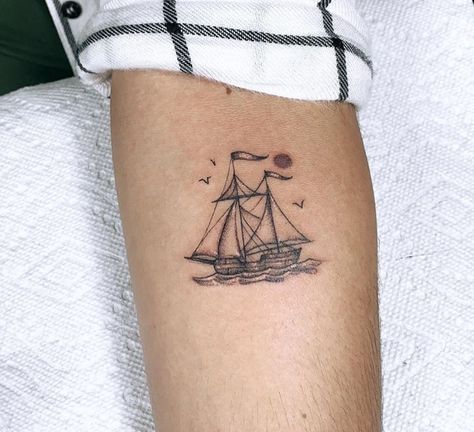 Pirate Boat Tattoo, Snowboarding Tattoo, Pirate Ship Tattoo, Line Drawing Tattoos, Roman Tattoo, Sailboat Tattoo, Boat Tattoo, Left Arm Tattoos, Sailor Tattoos