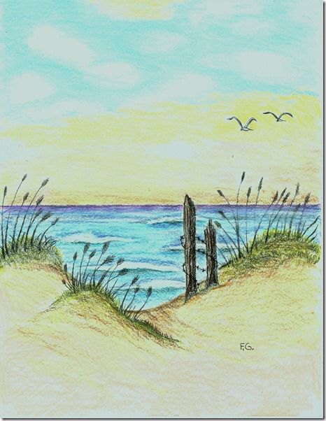 Beach Color Pencil Drawing, Colored Pencil Beach Scene, Beach Colored Pencil Drawing, Coloured Pencil Landscape Drawings, Beach Scenes Drawing, Beach Scenery Drawing, Beach Scene Drawing, Landscape Drawing Easy, Beach Sketches