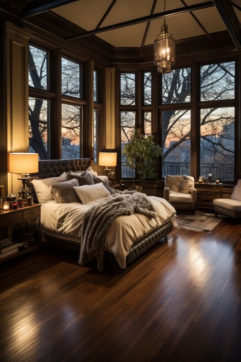 Wooden Bed Frame Master Bedrooms, Bedroom By The Window, Bedroom With A Big Window, Big Bedroom Ideas For Couples, Tall Window Bedroom, Main Bedroom Aesthetic, Big Window Behind Bed, Comfy Master Room, Cozy Bedroom With Big Window