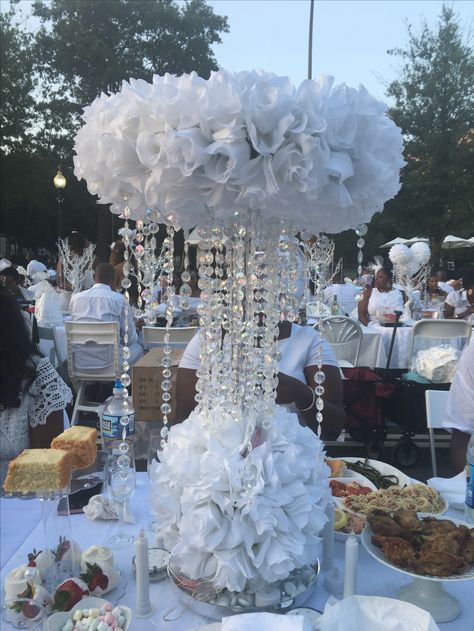 Diner en Blanc Centerpiece | White Chandelier Centerpiece #DEB #DEBDC2017 Dinner En Blanc Table Decorations, Diner En Blanc Centerpiece Ideas, Diner En Blanc Table Decorations, Dinner En Blanc Table Decor, Dinner En Blanc Outfit, White Table Decor Wedding, Diner En Blanc Outfit Woman, Diner En Blanc Table Ideas, Crystal Centerpieces Wedding