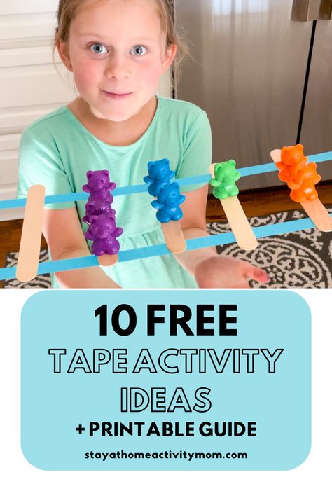 Colored tape is a fun activity supply for learning activities. Here are 10 fun and hands-on activities for toddlers and preschoolers. STEM, fine motor, literacy, and more! Also included is a free printable tape activity guide with directions and supply lists for each activity. Tape Activities For Preschool, Preschool Tape Activities, Colored Tape Activities, Tape Activities For Toddlers, Activities For Pincer Grasp, Painters Tape Activities For Kids, Painters Tape Toddler Activities, Toddler Stem, Patriotic Activities