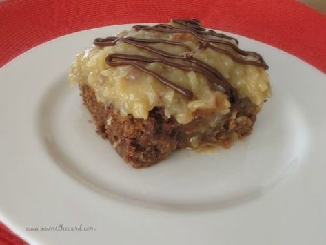 German Chocolate Brownies - Num's the Word Vegan German Chocolate Cake, German Chocolate Frosting, German Chocolate Brownies, German Chocolate Cake Recipe, Pecan Frosting, Coconut Pecan Frosting, Vegan Cake Recipes, Coconut Pecan, Baked Fruit