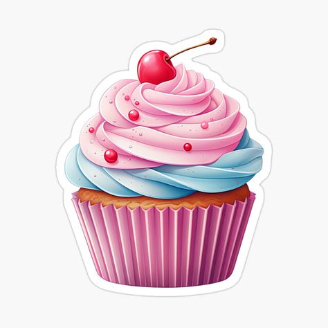 Get my art printed on awesome products. Support me at Redbubble #RBandME: https://www.redbubble.com/i/sticker/Cherry-Topped-Cupcake-With-Pink-and-Blue-Frosting-by-NomNomSticker/158507074.EJUG5?asc=u Cake Sticker Design, Cupcake Candyland, Cupcake Wallpaper, Cupcake Stickers, Cupcake Rosa, Cake Stickers, Cupcakes Wallpaper, Cupcake Png, Minnie Mouse Stickers