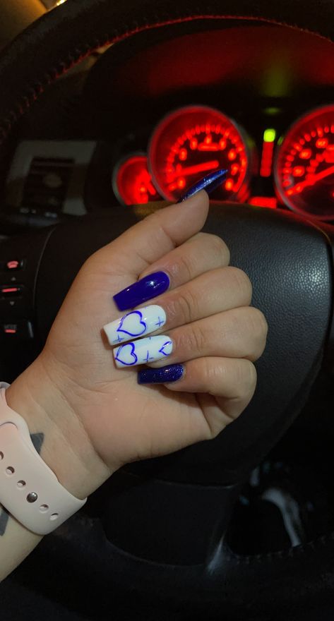 Medium Blue Nails With Design, Blue And Black Acrylic Nails Designs, Navy Blue Valentine Nails, Navy Blue Nails With Initials, White And Royal Blue Nails Acrylic, Royal Blue Nails With Hearts, Royal Blue Acrylic Nails With Initial, Boyfriend Initial Nails Blue, Blue Vday Nails