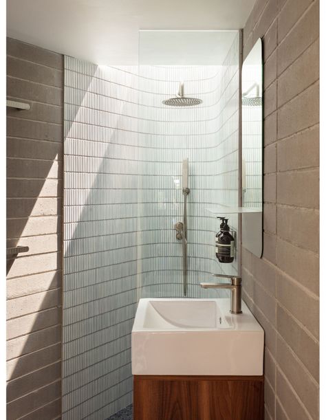 Shower With Skylight, Bathroom Skylight, Tiny House Australia, Concrete Block Walls, Ceramic Mosaic Tile, Micro House, Architecture Awards, Storey Homes, Corner Shower