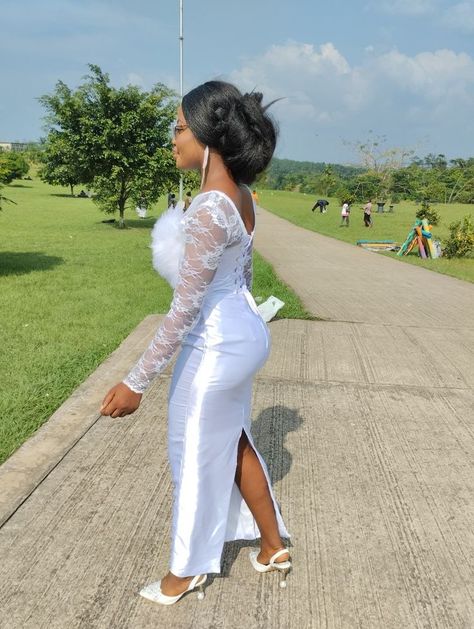 Court Wedding Gown Styles, Duchess Satin Dress Classy, Simple White Lace Dress Short, White Lace Dress Styles Ghana For Church, Court Marriage Outfit, Simple White Lace Dress, Bridal Satin Dress, Materials Gown Style, White Lace Prom Dress