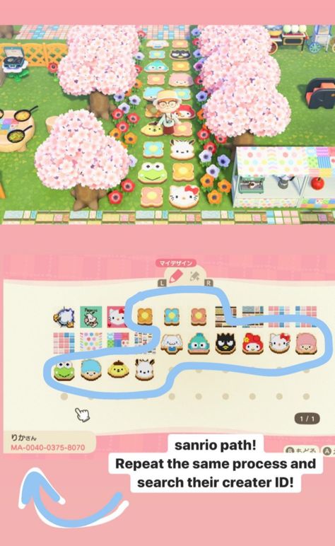 Acnh Sanrio Items, Animal Crossing Design Codes Hello Kitty, Sanrio Animal Crossing Design, Acnh Sanrio Path, Acnh Sanrio Design Codes, Kidcore Acnh Codes Clothes, Animal Crossing Design Codes Sanrio, Animal Crossing Sanrio Island, Cute Acnh Designs