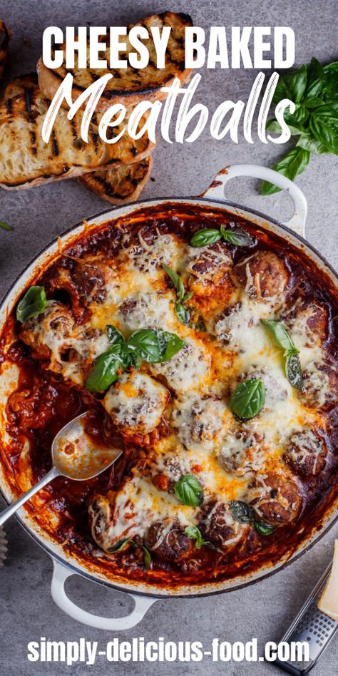 Cheesy baked meatballs in casserole pan. Cheesy Baked Meatballs, Oven Meatballs, Oven Baked Meatballs, Oven Meals, Baked Meatballs, Pork Recipes For Dinner, Meatball Bake, Tray Bake, Pork Dinner