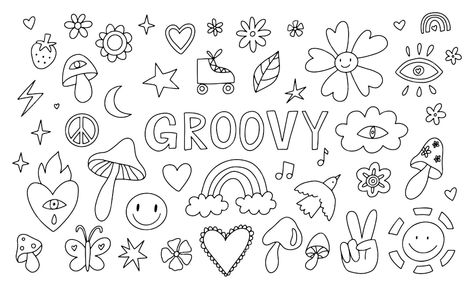 70s Doodles, Groovy Doodles, Hippie Doodles, Groovy Tattoo, Retro Doodles, Hippy Stickers, Mushroom Coloring, Eyes Cartoon, Transfer Art