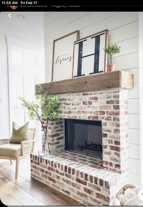 Indoor Brick Fireplace Ideas, White Living Room Brick Fireplace, Black And White Farmhouse Fireplace, Brick Fireplace Remodel Farmhouse, Light Colored Brick Fireplace, White Washed Brick Fireplace With Wood Mantle, Messy Mortar Brick Fireplace, Smeared Brick Fireplace, Shiplap Fireplace With Brick Hearth