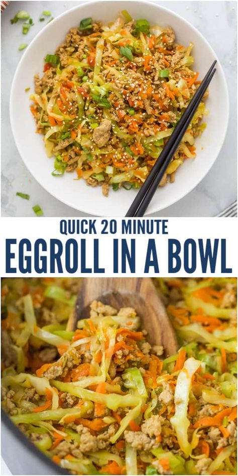 This 20-minute Egg Roll in a Bowl is the perfect quick and easy weeknight dinner. Ground turkey is cooked with scallions, ginger and garlic then tossed with cabbage, carrots, sriracha and soy sauce. It tastes just like the fried egg roll filling from your favorite restaurant - but without the grease. #eggroll #asianfood #bowlrecipes #lowcarbrecipes #ketorecipes #dinnerideas Sunny Anderson Egg Roll Bowl, Eggroll In A Bowl Sauce, Fried Cabbage Bowl, Cabbage Spring Roll Recipe, Egg Roll In A Bowl With Chicken, Turkey Egg Roll In A Bowl, Cabbage Roll Bowl, Cabbage Roll In A Bowl, Cesar Pasta