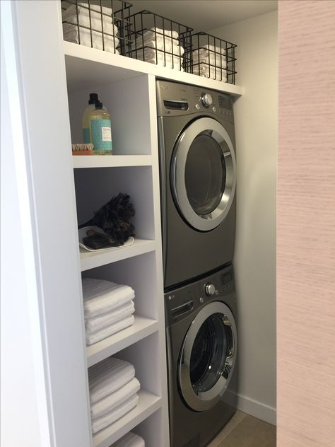 Diy Laundry Room Shelves Stackable, Stacked Utility Room, Stacking Washer And Dryer In Bathroom, Garage Laundry Room Ideas Stackable, Laundry Apartment Small Spaces, Laundry Room Storage Stacked Washer, Tiny Laundry Room Ideas Stacked, Perfect Laundry Room Modern, Laundry Inside Bathroom