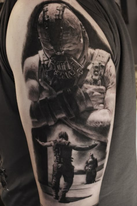 Bane from The Dark Knight rises, healed Tattoo done by Stefan Müller, Black Rainbow Tattoo Theatre Zwickau Bane Batman Tattoo, Bane Tattoo Dark Knight, The Dark Knight Tattoo, Black Rainbow Tattoo, Dark Knight Tattoo, Tattoo Theatre, Bane Tattoo, Film Tattoo, Swing Tattoo