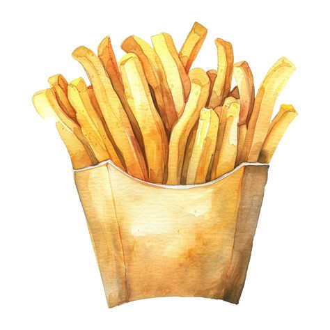 Watercolor French fries isolated on transparent background Chicken Watercolor, Food Mockup, Hamburger And Fries, Crispy Fried Chicken, Mouth Watering Food, Drawn Illustration, Food Drawing, Heart With Arrow, Food Illustrations