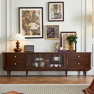 Retro Tv Console Ideas, Vintage Living Room Tv Stand, Tv Stand Victorian House, Side Cabinets Living Room, Top Of Credenza Decor, Modern But Homey Living Room, Painted Cabinets Living Room, Victorian Tv Stand, Tv Stand Vintage