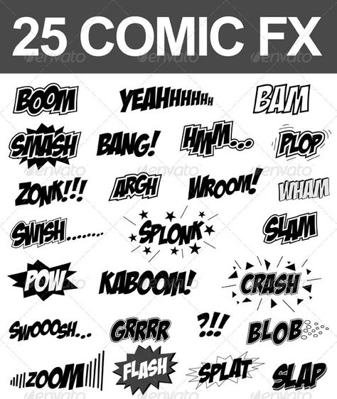 25 Comic Sound FX (Vector Set) — Vector EPS #smash #Zonk • Available here → https://graphicriver.net/item/25-comic-sound-fx-vector-set/2715324?ref=pxcr Comic Book Art Style Tutorial, Comic Sound Effects, Comic Tips, Draw Comic, Make A Comic Book, Comic Template, Sketch Comic, Comic Reference, Comic Book Template