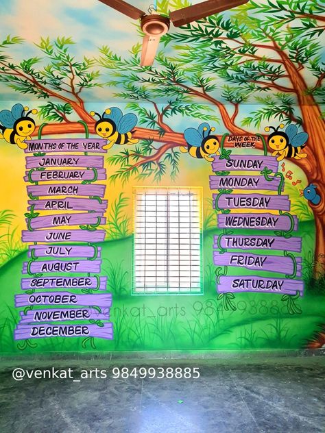 School Wall Paintings Classroom, Pre Primary Classroom Wall Painting, Primary School Wall Painting Ideas, Playroom Painting, Classroom Wall Painting, Mural Wall Painting, Classroom Walls Paint, Wall Art Painting Ideas, Playroom Paint