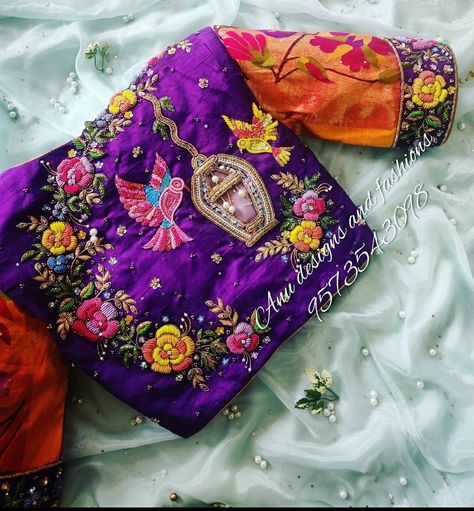 Cut beads floral embroidery Floral Maggam Work Designs, Aari Full Thread Work Blouse, Floral Maggam Work Blouse Designs, Thread Work Blouse Designs, Floral Work Blouse, Paithani Blouse, Maggam Blouses, Work Blouse Designs, Designs Blouse