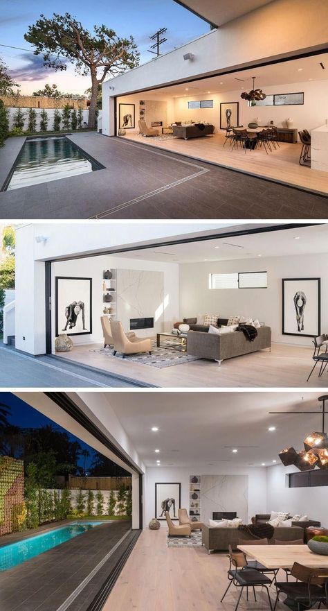 Sliding Doors That Open All The Way, Living Room Glass Wall Indoor Outdoor, Living Areas Ideas Interiors, Open Lounge Room Ideas, Open House Interior, Indoor Patio Ideas, Small Modern Houses, Open Space House, Contemporary Architecture House