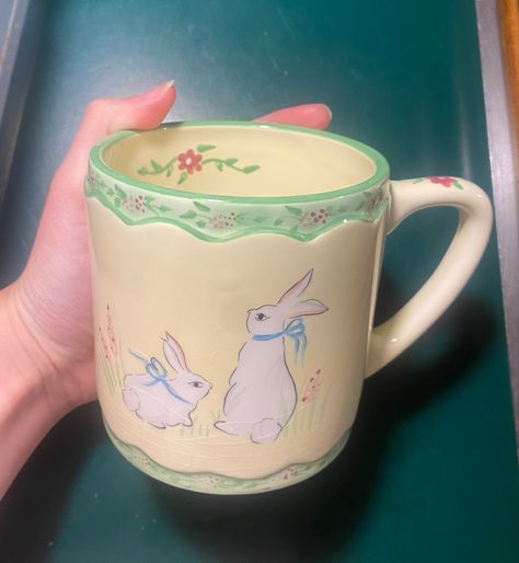 grandma’s pantry, mug, decorative mug, grandmacore, cottagecore, bunny, easter decoration, softcore Bunny Pottery Painting, Cottagecore Pottery, Cottagecore Easter, Fairy Mug, Cottagecore Mug, China Crockery, Bunny Mug, Ceramic Cafe, Easter Mug