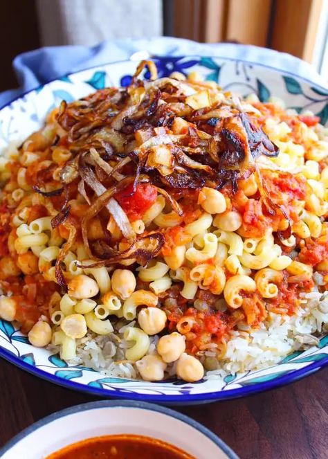 Koshari – Egyptian Pasta, Lentil, and Rice Dish – Maral in the Kitchen Koshary Egyptian Food, Eygptain Food, Vegan Egyptian Food, Egyptian Rice Recipes, Koshari Recipe Egyptian Food, Koshary Egyptian, Loobia Polo, Egyptian Koshari, Egyptian Food Recipes