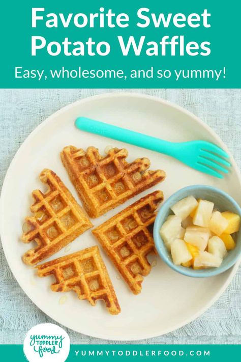 Sweet Potato Waffles For Baby, Sweet Potato Waffles Healthy, Sweet Potato Pancakes For Baby, Veggies For Breakfast, Potato Waffle Recipe, Sweet Potato Baby Food, Blw Recipes, Easy Sweet Potato, Baby Meals