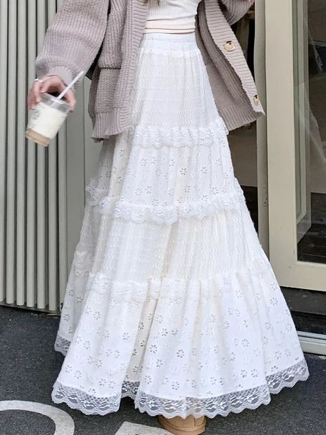 Midi Dress Autumn, Lace Long Skirt, Long Ruffle Skirt, Long Lace Skirt, Casual Maxi Skirt, Ruffles Skirt, Long Skirt Casual, White Long Skirt, White Lace Skirt