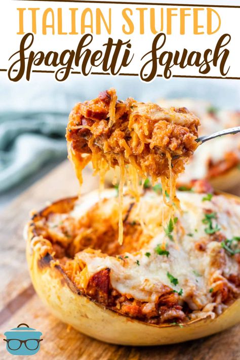 This recipe for Italian Stuffed Spaghetti Squash is thick and hearty like a bowl of pasta but it's not! Sausage, marinara, cheese and squash! Italian Sausage Spaghetti, Sausage And Spaghetti Squash, Spaghetti Squash Recipes Easy, Stuffed Spaghetti Squash, Spaghetti Squash Recipe, Sausage Marinara, Marinara Recipe, Italian Sausage Recipes, Ground Italian Sausage