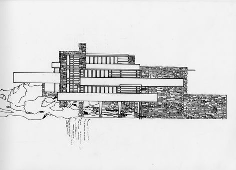 South Elevation- Front View of Fallingwater Facing Waterfall. Ink on mylar sketch from: decoratingflair.com Waterfall House Frank Lloyd Wright, Falling Water Sketch, Frank Lloyd Wright Drawings, Frank Loyd Wright Houses, Falling Water Frank Lloyd Wright, Kaufmann House, Falling Water House, Waterfall House, Water Architecture