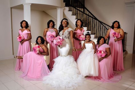 bridesmaids-in-mismatched-bridesmaid-dresses-in-light-pink-color-one-shoulder-high-neck Black Wedding Bridesmaid, Blush Pink And Black Wedding, Pink And Peach Wedding, Pantora Bridal, Pink And Black Wedding, Wedding Bridesmaid Dress, Mismatched Bridesmaid Dresses, Caribbean Wedding, Bride Magazine