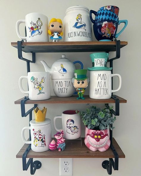 Rae Dunn Disney Display, Disney Display, Wonderland Room, Alice In Wonderland Room, Disney Coffee, Rae Dunn Disney, Mouse House, Disney Decor, Cups And Mugs