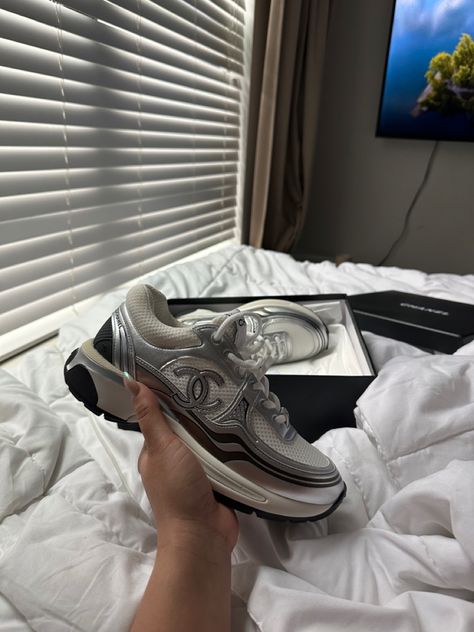 Chanel Sneakers Grey, Silver Chanel Sneakers Outfit, Silver Chanel Sneakers, Chanel Sneakers Outfit Black Women, Chanel Trainers Outfit, Chanel Runners, Chanel Sneakers Outfit, Chrome Sneakers, Chanel Shoes Outfit