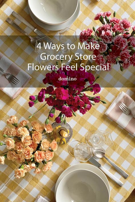 Grocery store flower arrangements Store Flower Arrangements, Grocery Store Bouquet, Eclectic Vases, Grocery Store Flowers, Mini Carnations, Gingham Tablecloth, Flowers To Make, Spring Arrangements, Spring Celebration