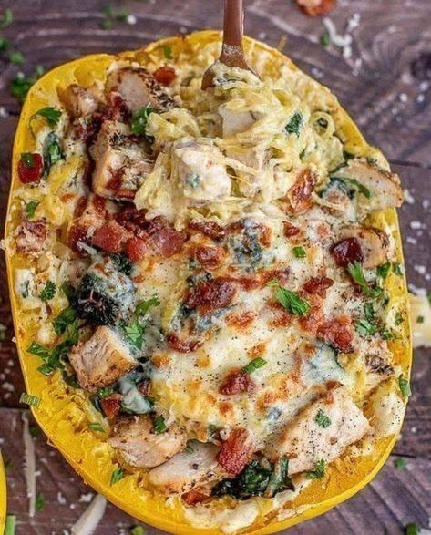 keto recipes for beginners | Chicken Alfredo Stuffed Spaghetti Squash | Facebook Alfredo Stuffed Spaghetti Squash, Chicken Alfredo Spaghetti Squash, Chicken Alfredo Spaghetti, Alfredo Spaghetti Squash, Spaghetti Squash Recipes Chicken, Alfredo Spaghetti, Stuffed Spaghetti Squash, Carb Free Recipes, Chicken Alfredo Recipes