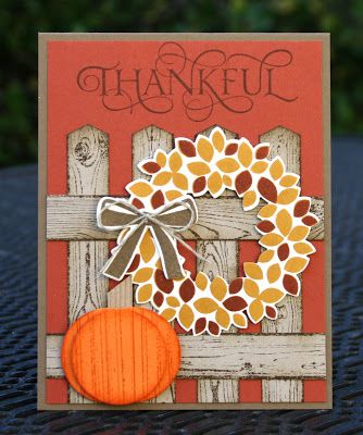 handmade Thanksgiving card from Krystal's Cards ... Wondrous Wreath on a punch art fence with Hardwood wood grain ... punch art pumpking too ... Wreath Stamp, Wondrous Wreath, Thanksgiving Cards Handmade, Wreath Cards, Fall Greeting Cards, Carte Halloween, Thanksgiving Card, Stamp Art, Stamping Up Cards