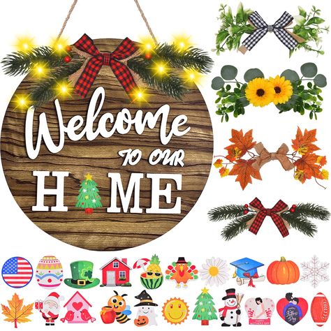 PRICES MAY VARY. INTERCHANGEABLE DESIGN - With IDATOO Interchangeable Welcome Sign, you can add a touch of seasonal charm to your home all year round. This seasonal welcome sign comes with 4 interchangeable wreaths that capture the essence of each season and 21 holiday accessories that covers spring, summer, fall, winter, Super Bowl, Valentine's day, Easter, St. Patrick's Day, Mother's day, Father's day, Christmas, Independence Day, graduation, Thanks Giving, Halloween, Christmas, etc. 12’’ DURA Home Sign Front Door, Interchangeable Welcome Sign, Welcome Home Decorations, Welcome Home Signs, Rustic Wood Wall, Holiday Accessories, Wooden Wreaths, Rustic Wood Walls, Holiday Icon