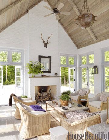 White painted brick- but screen porch instead of sun room.  Like ceiling and blue stone... Markham Roberts, Bright Living Room, Wood Ceiling, Casas Coloniales, Room Additions, Furnishings Design, Wood Ceilings, Family Room Design, A Living Room