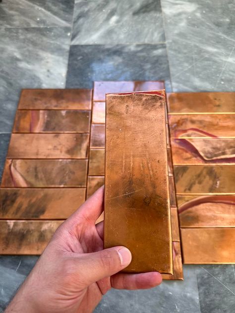 Copper Wall Tiles Kitchen, Art Deco Tile, Tile Backsplash Kitchen, Copper Tile Backsplash, Copper Kitchen Backsplash, Deco Tile, Fireplace Tiles, Tiles Art, How To Clean Copper