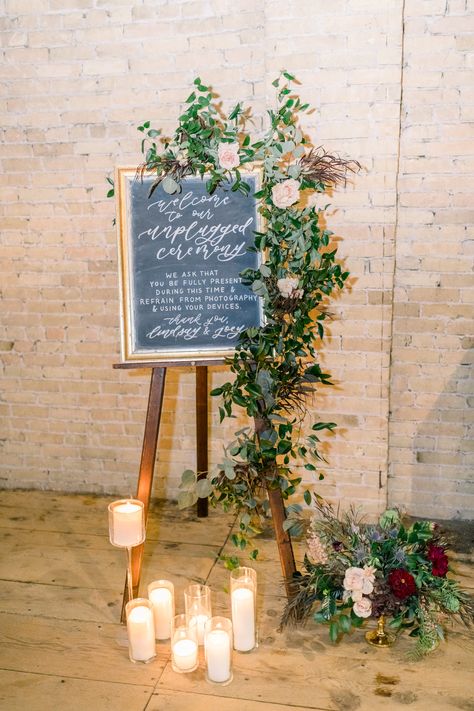 Lageret Stoughton, WI Wedding Photography Welcome Sign With Candles, Boho Wedding Welcome Sign, Unplugged Ceremony Sign, Unplugged Ceremony, Welcome Sign Wedding, Ceremony Sign, Curated Wedding, White Bridal Dresses, November Wedding