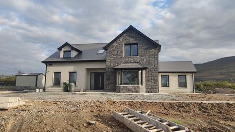 Irish Homes Exterior Ireland, Double Garage Uk, Modern Irish House, Irish House Designs, House With Front Porch, Irish House Plans, House Plans Ireland, Modern Bungalow House Plans, House Designs Ireland