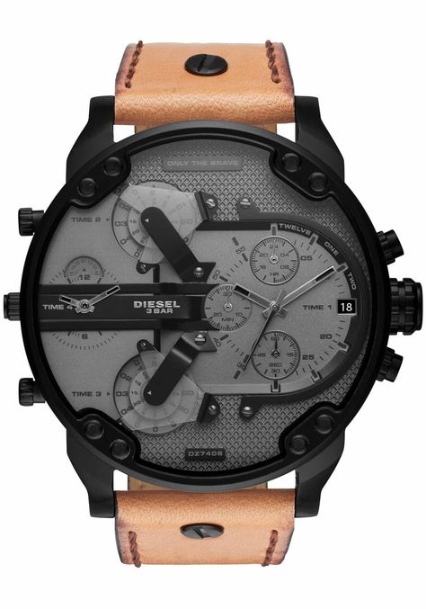 Diesel DZ7406 Mr. Daddy 2.0 Black Tan | Watches.com Diesel Watches For Men, Usa Government, Diesel Brand, Diesel Watch, Brown Leather Strap Watch, Ktm Duke, Mens Chronograph, Wrist Game, Light Brown Leather